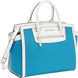 Michael Michael Kors SELMA Large Top Zip Satchel in Summer Blue.